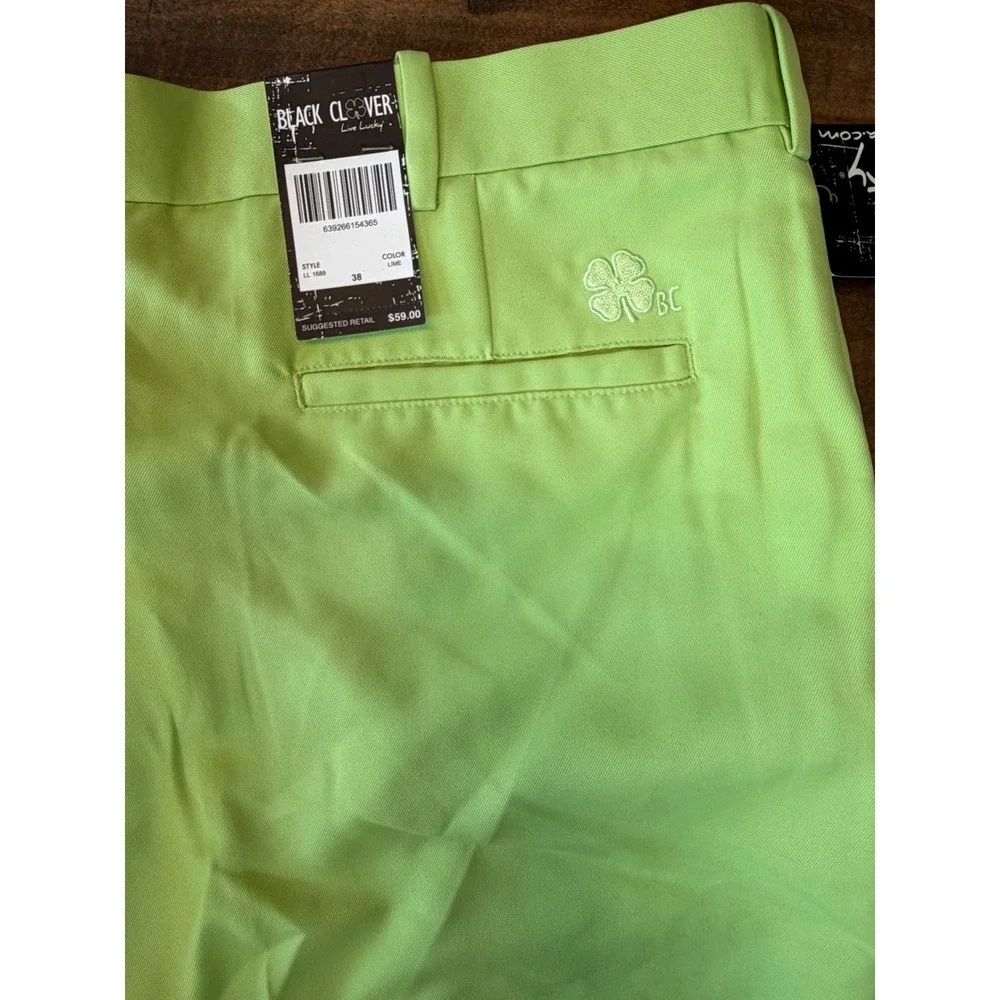 Black Clover Mens Golf Short 38 Lime Green Live Lucky Performance Flat Front NEW